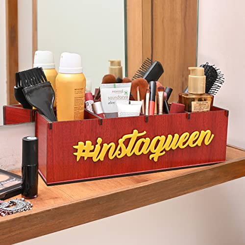 Image of GKD Makeup Box Desk Organizer for Girls makeup storage box & unique gifts for girls 4 compartment cosmetic organizer (Brush Nail polish Lipsticks)(Eco Friendly Plastic Free) (Insta Queen (Red))