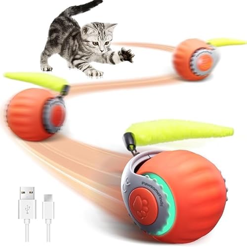 PawsomeFinds Interactive Cat Toy for Indoor Cats, Two Speed Smart Automatic Cat Toy Moving Ball with Tail, Rechargeable Motion Activated Cat Toys for Bored Indoor Adult Cats (Adapter Not Included)