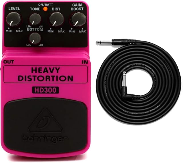 Behringer HEAVY DISTORTION HD300 Heavy Metal Distortion Effects Pedal & TIGER GAC42 Guitar Bass Keyboard E-Drums Lead - Straight/Angled - 6.35mm 1/4" Jacks - 3m Cable