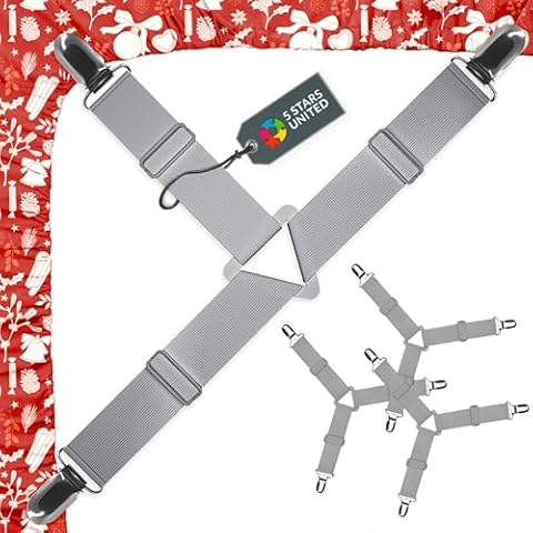 5 STARS UNITED Bed Sheet Straps Set | Easy to Use Adjustable Elastic Fasteners with Metal Clips | Sheet Holders for Corners | Fitted Sheet Clips to Hold Sheets in Place | (4 Pcs Grey) Cover