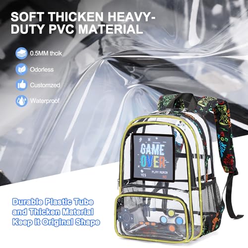Clear Backpack for Boys, Clear Gamer School Backpack Heavy Duty with Lunch Bag and Pencil Case, Transparent See Through Bookbag Stadium Approved for Teen Boy Kids Elementary Middle High School3