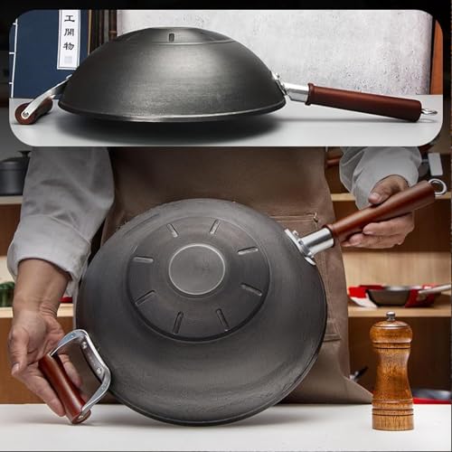 Wok de fierro fundido con tapa de madera para cocina miniatura 2