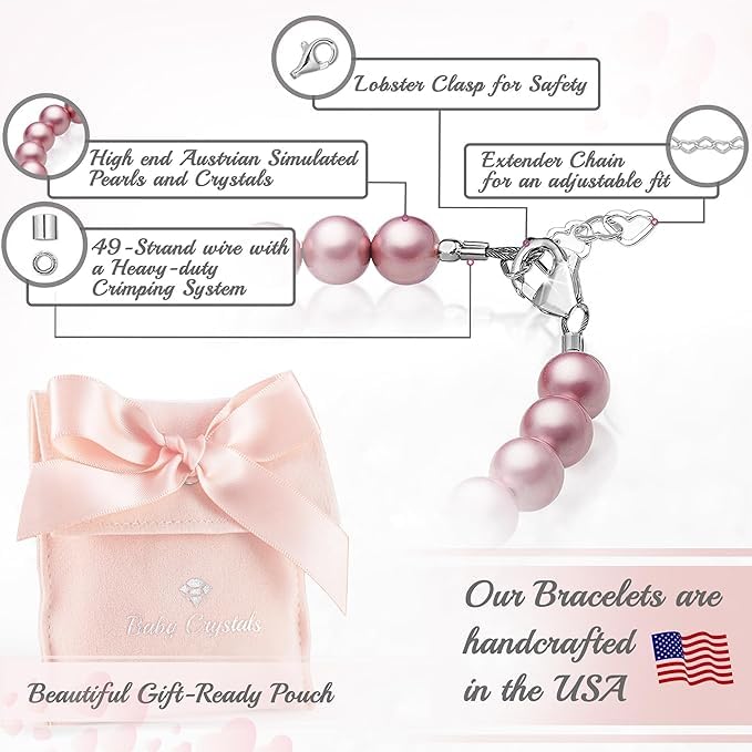 Image of Baby Crystals Sterling Silver Pink Pearl Bracelet for Baby Girls I Newborn, Infant Baby Girl Gifts, Toddler, Teen, Mommy I Birthday Gift I Children's Jewelry I Womens Bracelets for Girls