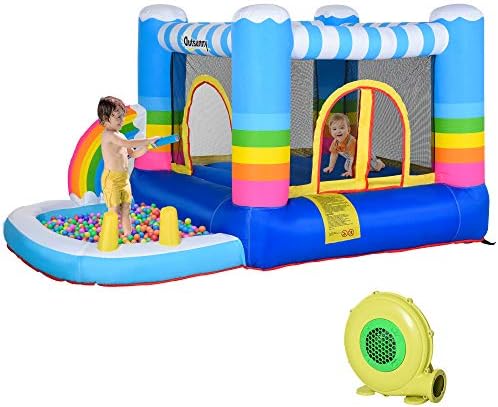 Outsunny Kids Rainbow Bouncy Castle & Pool House Inflatable Trampoline w/ Blower Pump Outdoor Play Garden Activity Exercise Fun 3-8 Years 2.8 x 1.7 x 1.55m