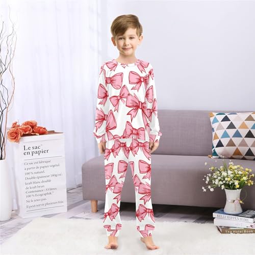 Pink Bows on White Soft Pajama Set for All Seasons,Breathable Pjs Long Sleeve Sleepwear,Comfy Loungewear 2 Piece Underwear Set 3T4