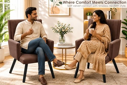 Image of Rosebell Modern Velvet Office Chairs Set of 2 with Armrests & Metal Legs | Upholstered High Back Leisure Chairs for Living Room, Bedroom, Office, Cafe & Dining Room | Brown