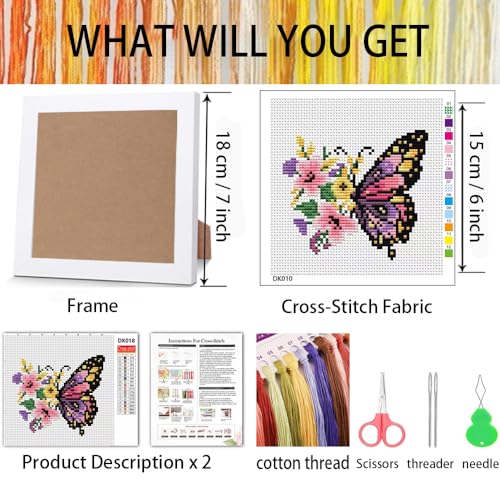 Image of Tiwabb Cross Stitch Kits for Adults Beginners,Butterfly Flower Stamped Cross Stitch Kits with Framed,Embroidery Kit for Beginners,Partial 11CT Cross-Stitch Arts and Crafts for Adults 7x7inch