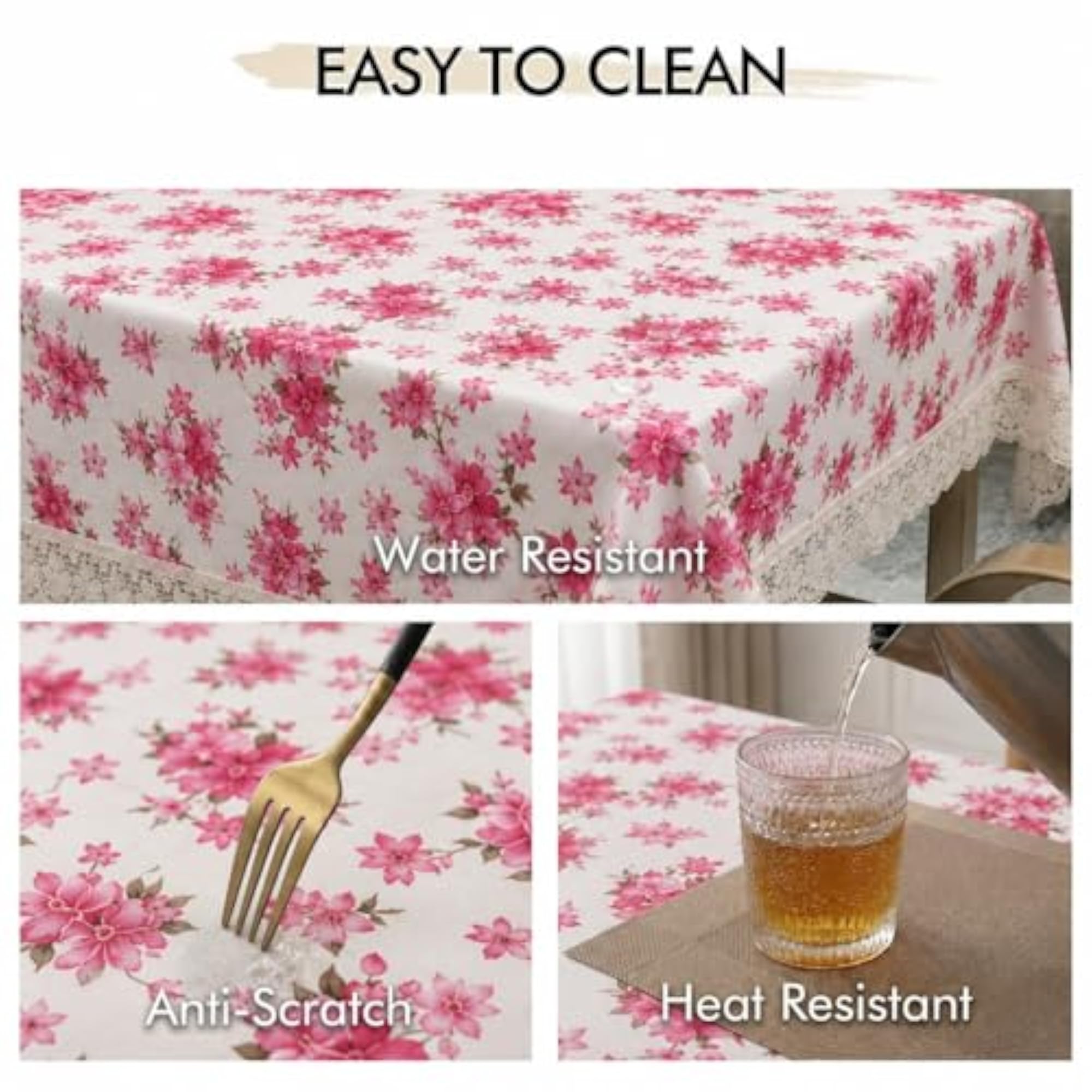 Pink Floral Printed Waterproof PVC Center Table Cloth, Decorative