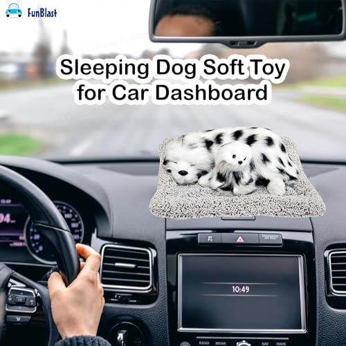 Image of FunBlast Sleeping Cute Dog with Puppy - Realistic Soft & Lifelike Pet Puppy with Bed for Car Dashboard and Home Decor, Sleeping Dog Soft Toy (White-Black)