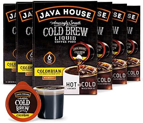 JAVA HOUSE Medium Roast Colombian Cold Brew Pods, (36 Count) Peel and Pour Pods Hot or Iced Instant Coffee Concentrate