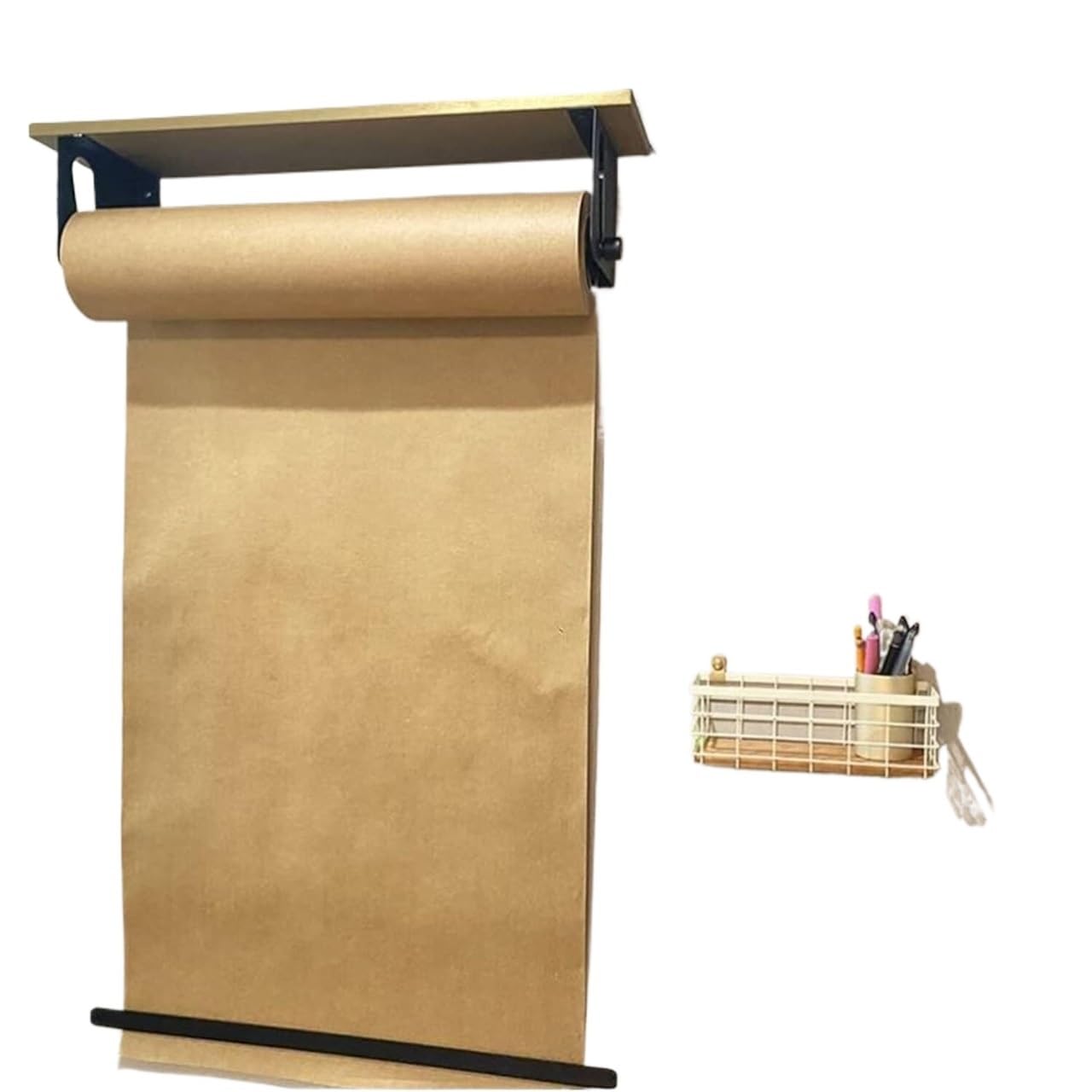 Walica do uchwytu papieru rzeźnika zamontowana na Naścienny dozownik rolek papieru pakowego z obcinakiem i drewnianą półką w kolorze czarnym, wiele rozmiarów(40cm/15.7in Wide)