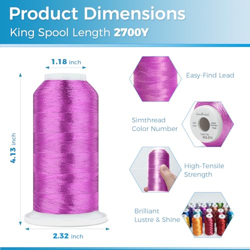 Image of Simthread 2700 Yards Metallic Embroidery Machine Thread - Rose Purple MS-016, 40wt High-Sheen King Spool, Smooth Running & Break Resistant for Commercial & Home Embroidery Machines