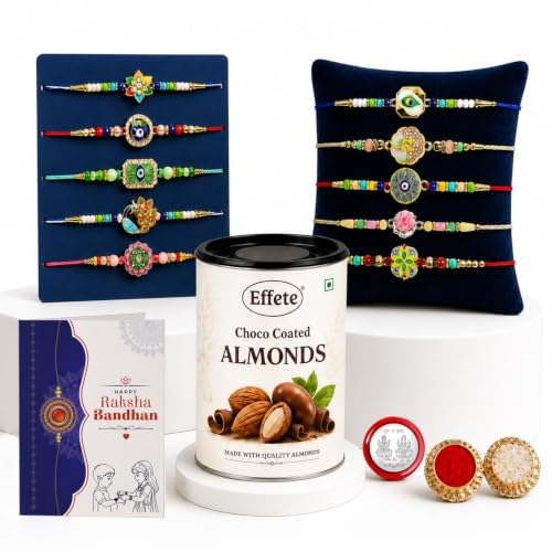 Image of DeoDap Rakhi with Chocolate for Brother - Multi Design Unique Style Rakhi 10 Pcs with Almond Chocolate, Silver Color Pooja Coin, Greeting Card & Tilak Set - Tradtional Raksha Bandhan Combo Pack