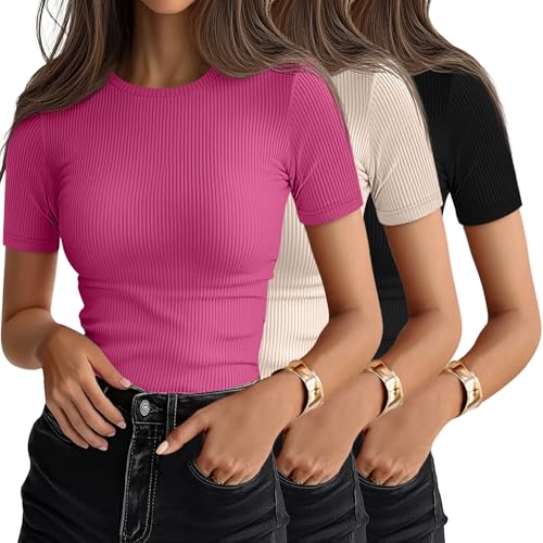 Ficerd 3 Pack Women's Ribbed Short Sleeve T-Shirts,Medium,Black, Cream, Rose Pink