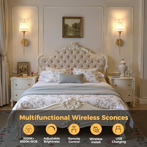 Image of DORESshop Battery Operated Wall Sconce Set of 2, Wireless Wall Light, 15 Color Rechargeable Wall Sconces, Sconce Wall Decor Set of 2 for Bedroom, Living Room, Gold and Crystal, 24.6in
