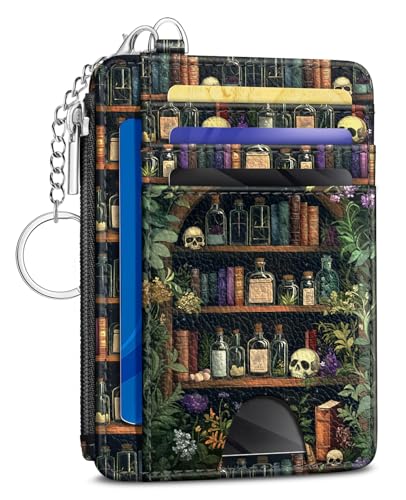 Image of Kelvoris Goth Bookshelf Credit Card Holder Small Wallet Women, Slim RFID | Keychain, Zipper Coin Pocket, Front Pocket Thin Travel Card Case, Minimalist, 6 Card Slots, 1 ID Window, Ladies Gifts Woman