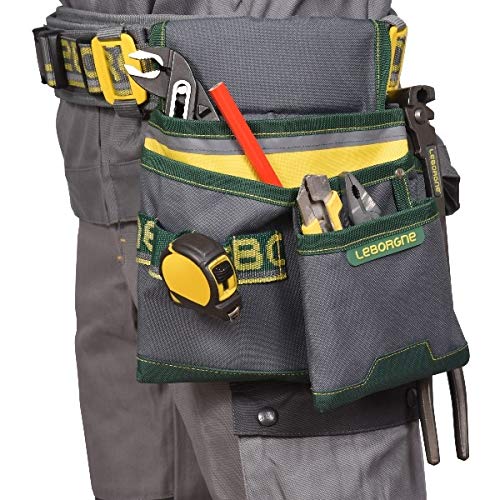 LEBORGNE - Maxi Poche Textile + Ceinture Batipro - Accessoire Résistant en Toile 600 Deniers - Largeur 24 cm avec Porte-Tenaille et Porte-Marteau - Pour Charpentiers et Maçons