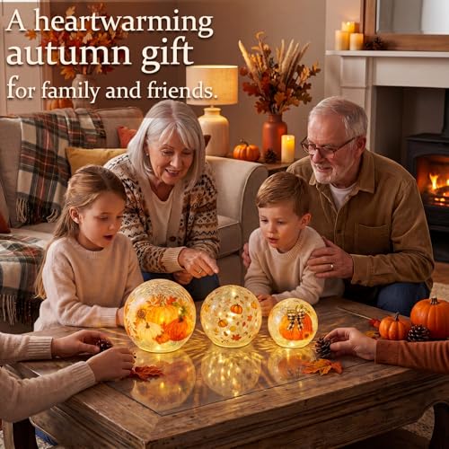 Image of Glooglitter 3 Pcs Fall Crackle Glass Ball Lights Fall Tabletop Decor Pumpkin Globe Lamp LED Sphere Night Light for Home Indoor Bedroom Autumn Party Table Decoration