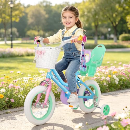 Image of KORIMEFA Girl Bike with Training Wheel, Age 3-12 Princess, 12 /14 /16 /20in | Kids Gift for Ride on Toy, with Basket /Streamers, Coaster Brake, Multi Colors