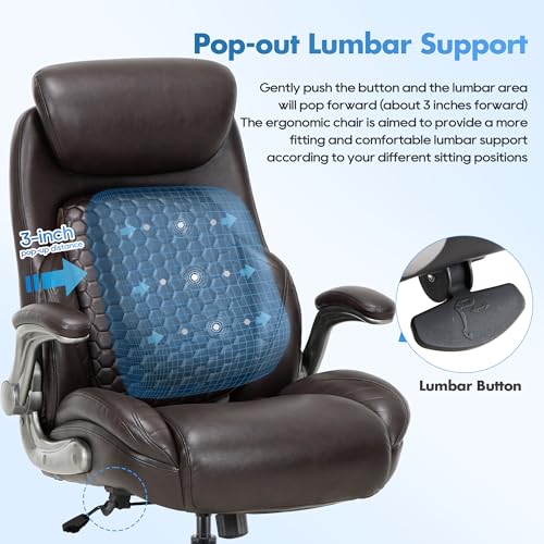 COLAMY Office Chair Ergonomic Desk High Back Executive Chair with Pop-Out Lumbar Support, Upgraded Casters, Adjustable Headrest, Flip-Up Arms, Leather Home with Thick Cushion for Comfort - Brown - Image 6