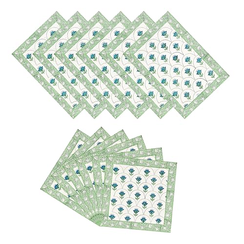 Image of BLOCKS OF INDIA Hand Block Printed Cotton Table Runner, Mat and Napkin Set of 13 pc for Center /Dining Table (Green Blue Buti)
