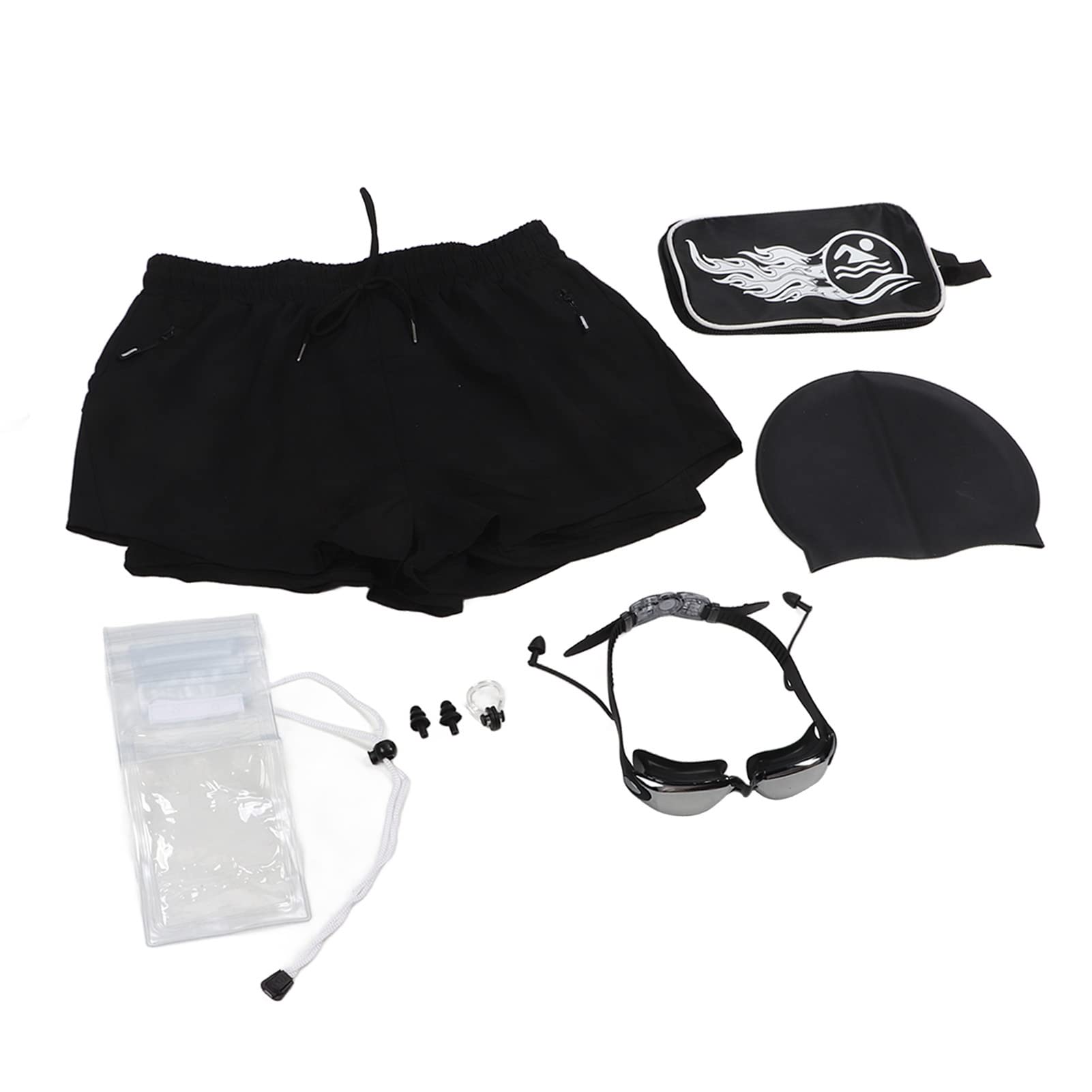 Men Swimming Shorts Hat Set, No Pilling U Shape Crotch Adjusting Drawstring Swim Shorts Glasses Hat with Nose Clip Ear Plugs for Gym (L)-image-0