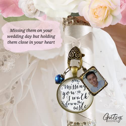Wedding Bouquet Charm Missing You As I Walk Down Aisle Memorial Jewelry 1 Photo Frame Honor Anyone Antique Bronze White Glass Pendant Something Blue Bead Loving Remembrance for Bride DIY Template - Thumbnail 4