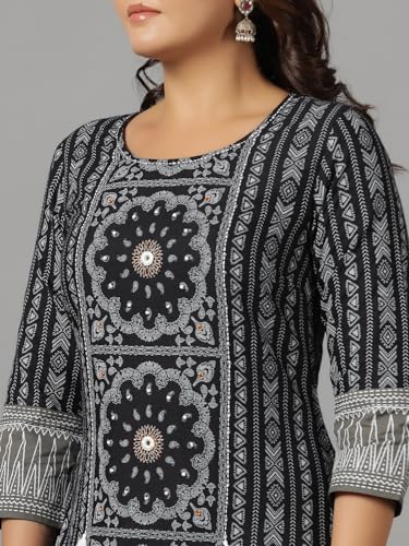 Image of Juniper Black Ethnic Motif Printed Rayon Slub Kurta with Beads & Sequins Work