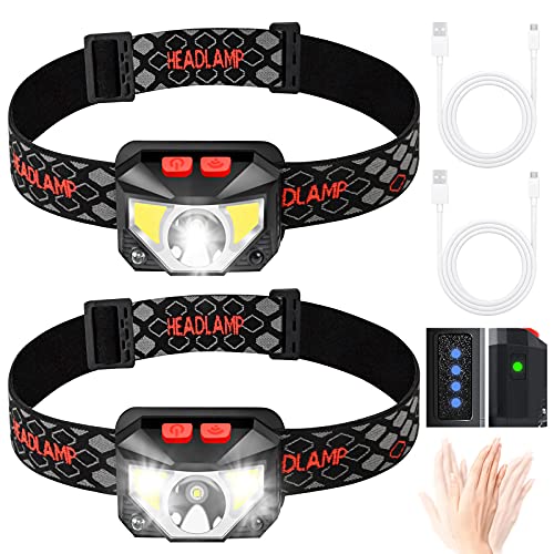 Linternas Frontales Potentes 2PCS Linterna Frontal LED Recargable 1300 lux Linterna Cabeza Control Sensor 6 Modos con Luz Roja, Linternas LED Alta...