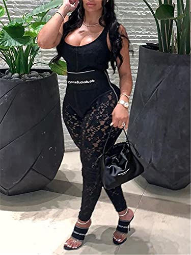 Women Sexy Lace Bodycon Boned Slim Leggings Zip Up High Waist Letter Print Floral Sheer Mesh Pants Clubwear Tracksuit #TOP3