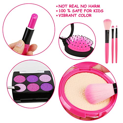 Rusee Kids Pretend Makeup Kit, Girls Fake Make Up Kits with Cosmetic Bag for Ages 4-10 Year Old, Makeup Set Toy Including Brushes, Eye Shadows, Lipstick, Nail Polish, Necklace, Comb and More