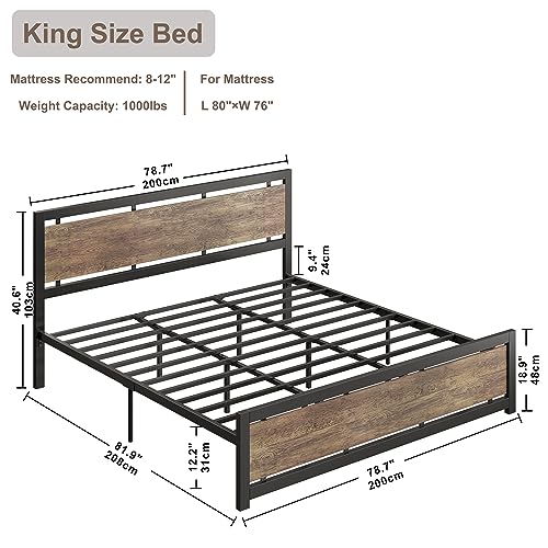 Image of LIKIMIO King Bed Frame with Headboard and Footboard, Metal Strong Supports, Easy Assembly, Noise-Free, No Box Spring Needed, Walnut