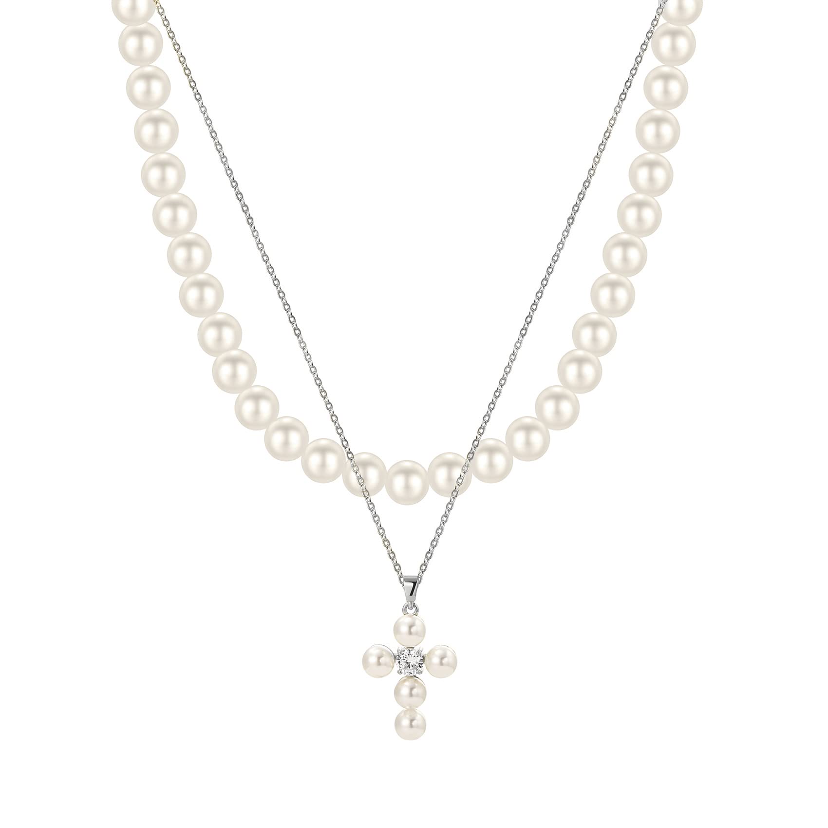 BUREIRound White Imitation Pearl Necklace, Pearl Cross 14k Gold Pendant, Fashion Double Layer Design Pearl Necklace for Women