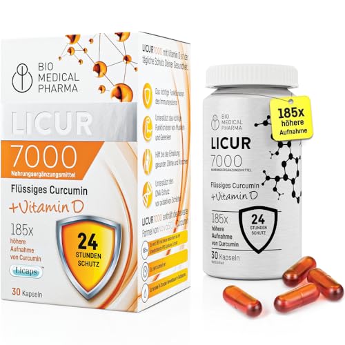 Kurkuma Kapseln Hochdosiert – Mizellares Curcumin NovaSOL – Patentierte Mizellen-Technologie – Nur 1 Kapsel Täglich Ohne Piperin – Flüssig mit Vitamin D3 – Licur 7000 (30 Kapseln, Monatsvorrat)