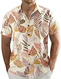 JOGAL Men's Flower Cotton Button Down Short Sleeve Hawaiian Shirt Apricot Small