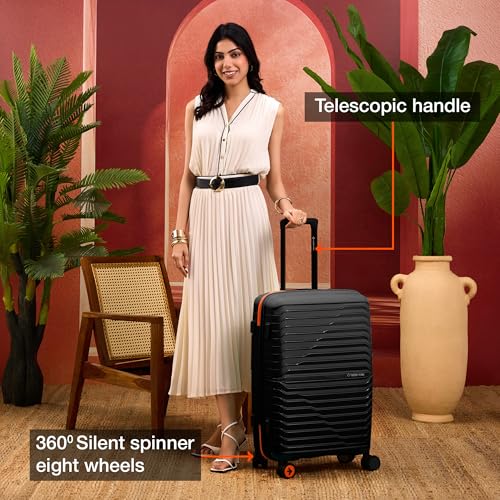 Image of Nasher Miles Cairo Hard-Sided Polypropylene Check-in Luggage 24 inch | 65cm | 8 Wheels Medium Trolley Bag for Travel | Suitcase (Black & Orange)