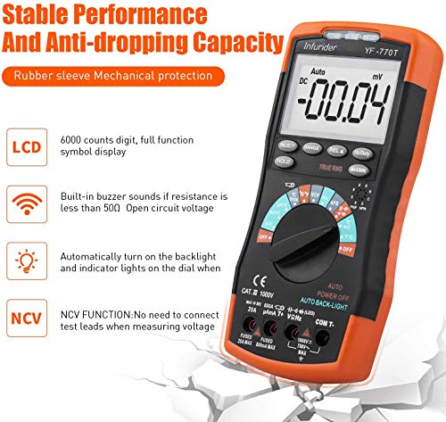 Infurider Digital Multimeter Yf-770T 6000 Counts Trms Dmm Catiii 1000V,Auto Ranging,Data Hold,Ncv,Ac/Dc Amp Ohm Volt Meter Hfe Diode Led Capacitor Tester With Thermometer And Backlit #TOP1