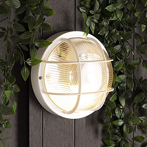 CGC Lighting White Cage Round Bulkhead Glass Wall Ceiling Light Weatherproof Indoor Outdoor Garden Porch Garage Bathroom Patio