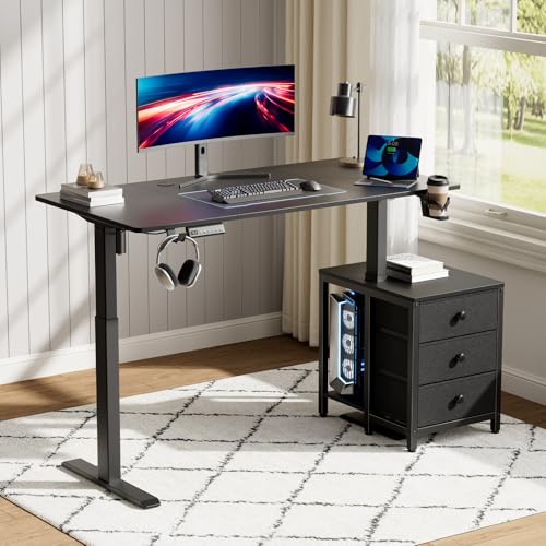 Image of REAHOME Electric Standing Desk with Drawers, 55 x 24 Inches Height Adjustable Sit Stand Desk with Storage, 3 Memory Preset Home Office Computer Desk, Printer Cabinet, 2 Hooks, Cable Management, Black