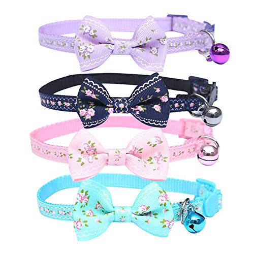 IDOLPET 4PCS Cat Collar Small Floral Cat Collar Safety Quick Release with Bell Cat Collar Adjustable Cat Collar with…