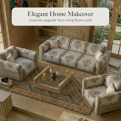 Image of Kuber Industries 5 Seater Sofa with Arm Cover | Velvet Slipcover for Living Room | Thick & Cozy | Non-Slip Comfort Sofa Cover Set | Digital Painting Juliet 1186 - Cream & Brown