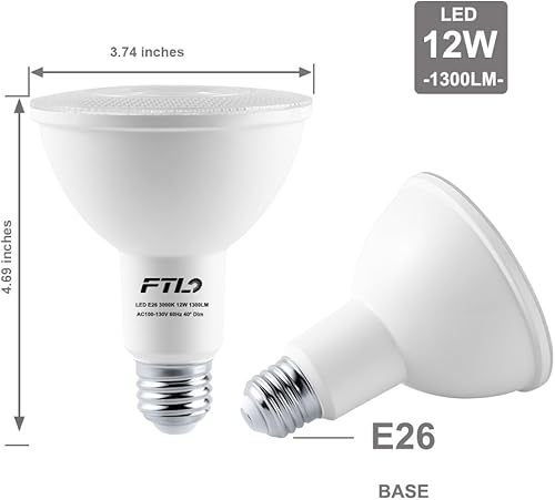Miniatura 2 de FTL PAR30 Bombilla LED de 3000 K, luz de inundación de cuello largo blanco cálido, regulable, 12 W, 1300 lm, E26, 40 grados, 75 W, reemplazo de