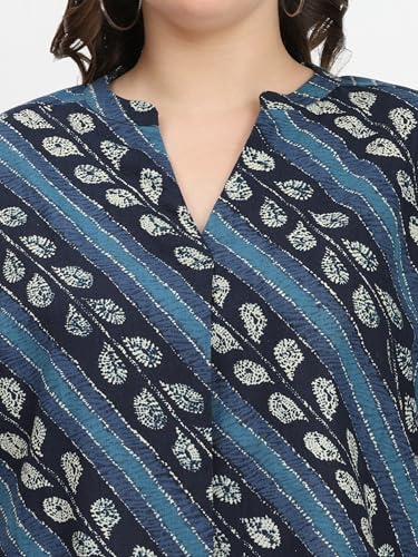 Image of SINDOORI Relaxed Fit Tops for Women Plus Size Solid Printed Mandarin Collar, Band Collar, V-Neck Top, Half Sleeve Loose Fit