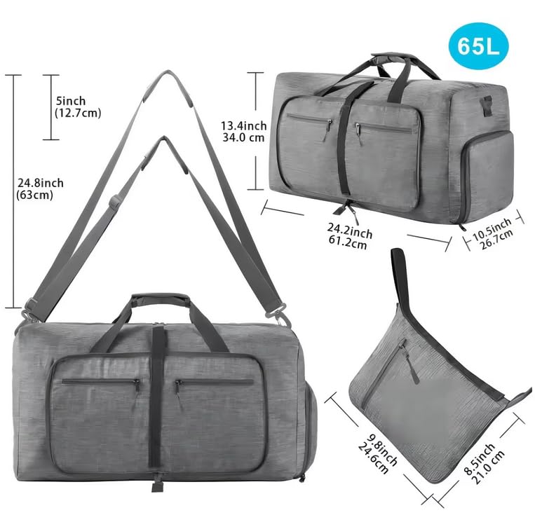 travel Duffle Bag, 65L Foldable Travel Duffel Bag with Shoes Compartment Overnight Bag (GRAY COLOR)4