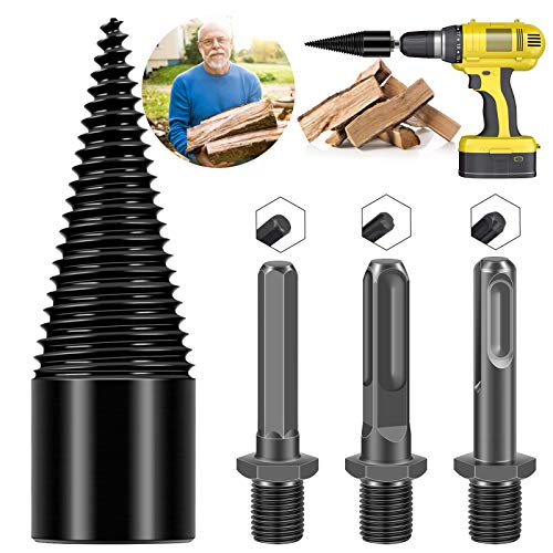 4PCS Wood Log Splitter Firewood Drill Bit,Kindling Splitter Splitting Removable Logs Splitters Electric Drills Bits Heavy Duty Screw Cone Driver Hex+Square+Round (32mm)