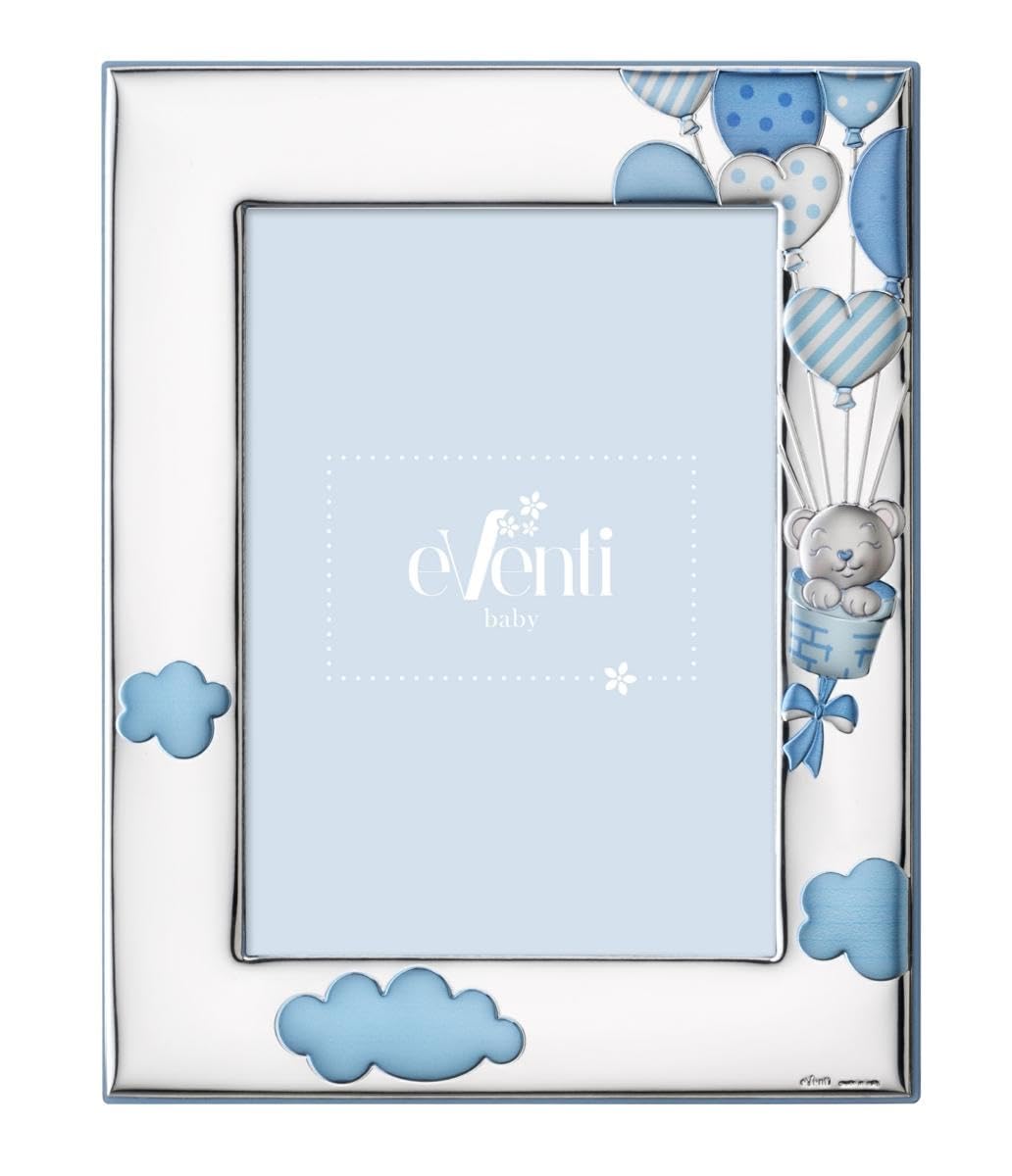 Generico Eventi Baby Cornice Portafoto con Orso e Mongolfiera, 13x18 cm, Argento e Celeste