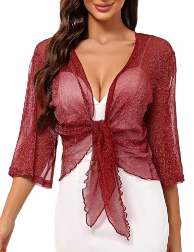 Totatuit Womens Shiny Sheer 3/4 sleeve Shrug Tie Bolero Top Open Front Mesh Cardigan Lightweight Knit