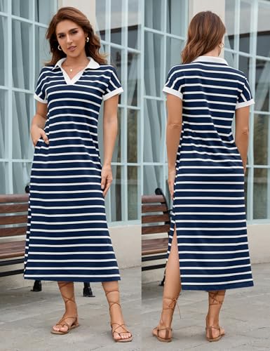 LOMON Women's Casual Vacation Dresses Striped Maxi Cruise Outfits Pocket Long Dress Summer Short Sleeve Split Dresses4