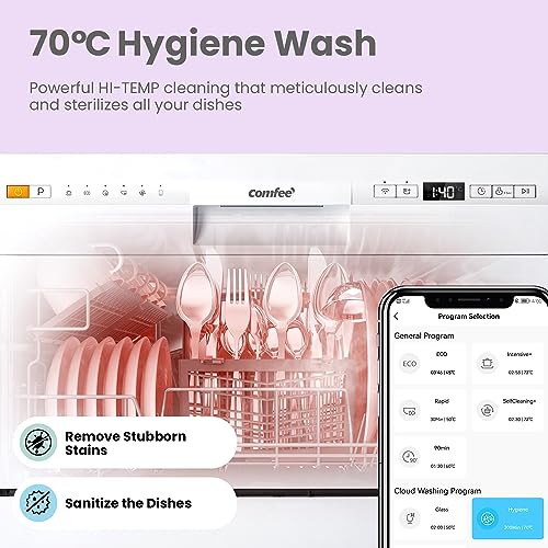 COMFEE' Dishwasher 6 Places with 7 Programe Super Quiet Rapid Wash ECO 70 C°Hygiene Wash, Flexible Installation Wi-Fi Function APP Control- White