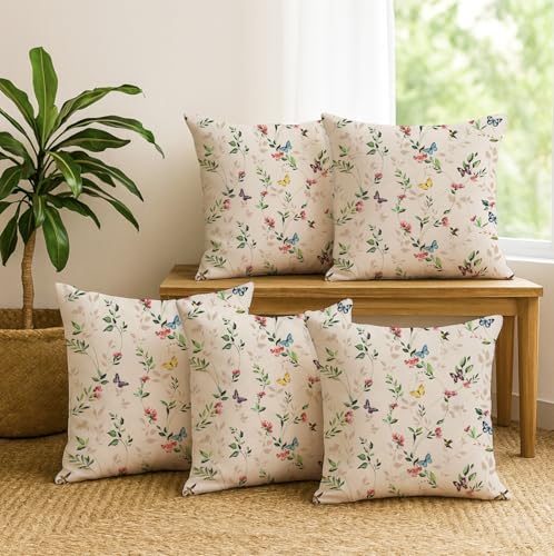 Image of Jaipur Weaves Cushion Cover 16 Inch X 16 Inch - Set of 5, Butterfly Garden 260 GSM Decorative Soft Cushion Covers for Sofa /Bed /Chair, Gift for Home Decor (Cream Garden, 5)